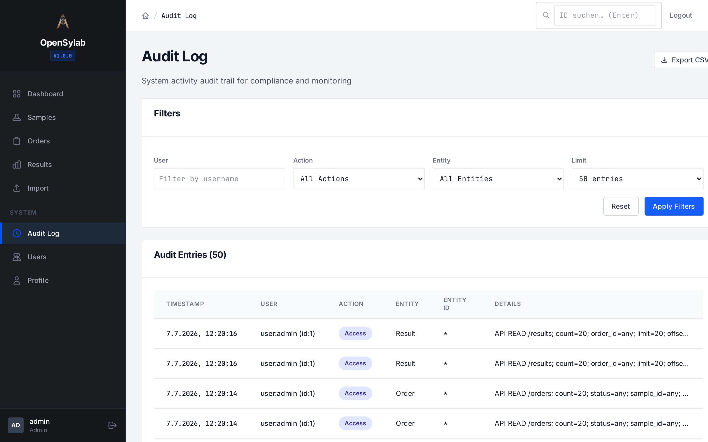 openSylab Audit-Log — ISO-15189-konformes Prüf-Protokoll mit CSV-Export