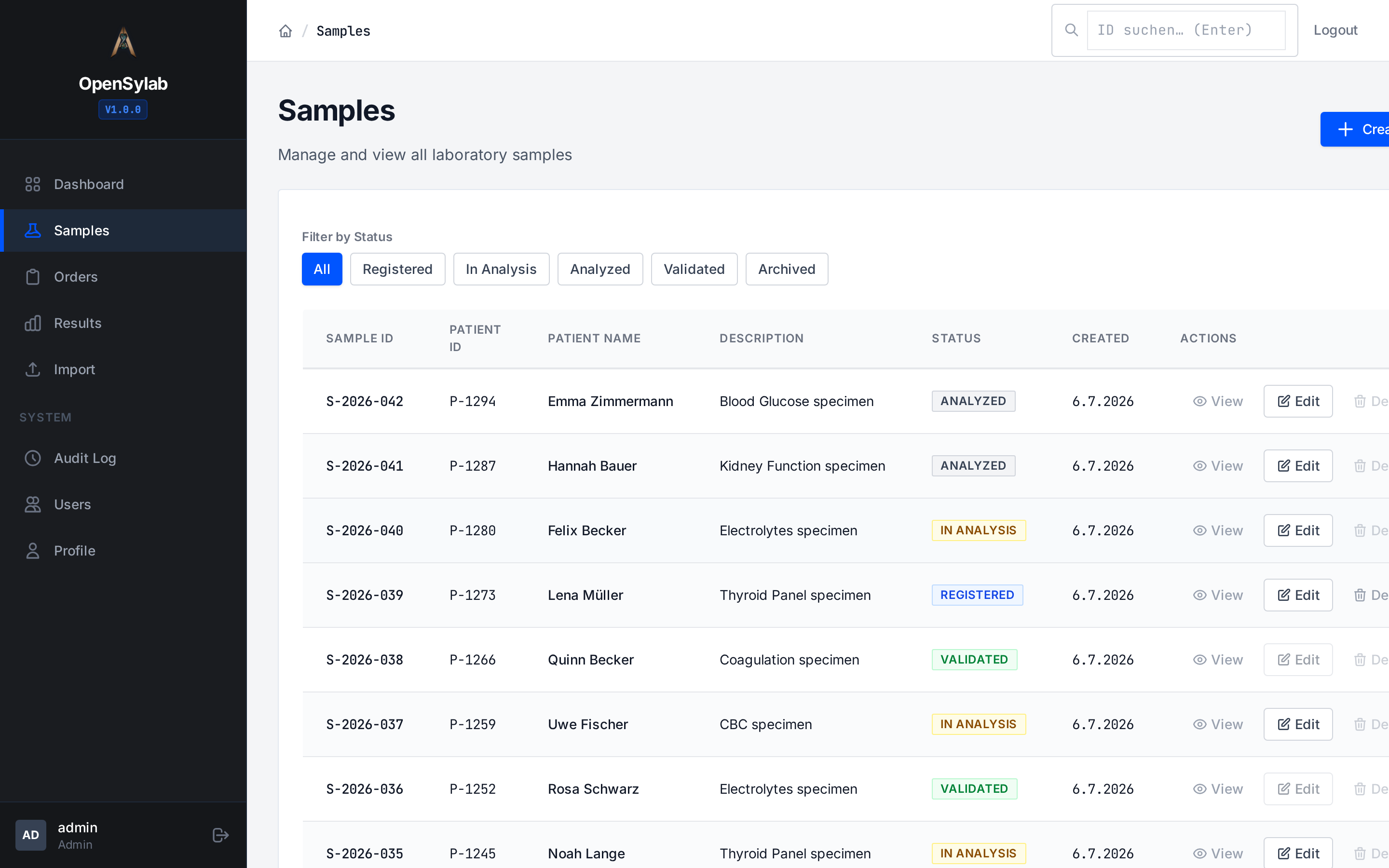openSylab Probenverwaltung — Probenliste mit Status-Filter und Barcode-Scan